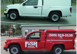 White Chevy Colorado truck gets color changed to red for Fish Window Cleaning, commercial color change wrap