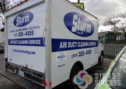 Using one color of cut vinyl graphics, we gave this box truck for Sturm in Spokane an advertising billboard that gets seen by thousands