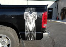 Pickup bed band, printed on chrome foil vinyl, then contour cut and installed on bed of pickup at Signs for Success in Spokane north of Hillyard