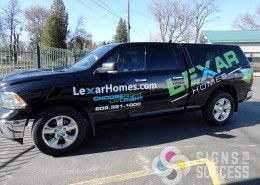 Lexar Homes with MDI Advertising designed and wrapped this pickup with a strong advertising message for this pickup wrap at Signs for Success in Spokane., truck wraps spokane