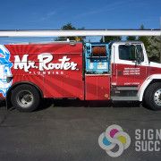 Mr. Rooter custom truck wrap, get custom vehicle graphics in Spokane, contractor vehicle graphics and franchise vehicle wraps at Signs for Success, contractor advertising ideas