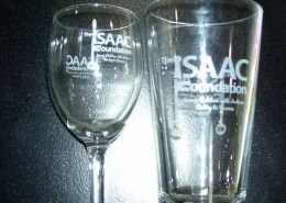 The Isaac Foundation provides glassware, wine glasses, and beer glasses with custom logo on both sides. They are so pretty in real life, the photo doesn't do them justice.