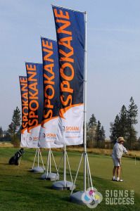 Spokane Sports Commission can use these Mondo feather flag banners indoors or outdoors, and they look great by Signs for Success, outdoor banner stands cheney