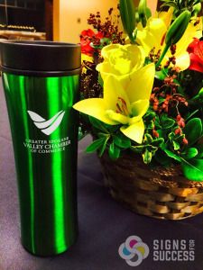 When Spokane Valley Chamber asked for custom stainless bottles for showing their new logo and branding, Signs for Success helped them with their promotional products spokane