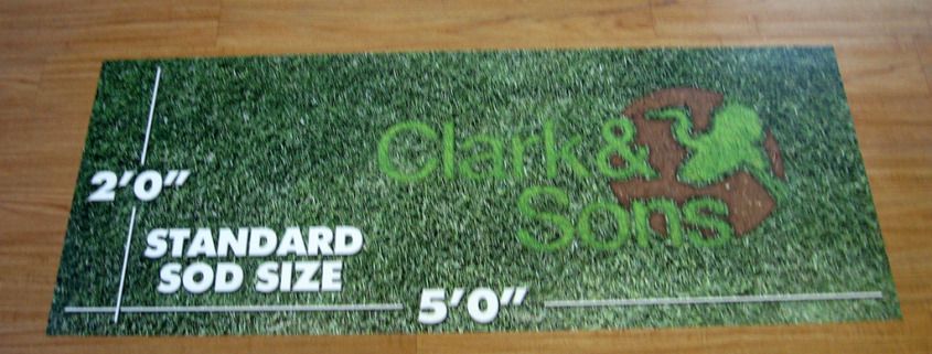 This floor decal for Clark & Sons shows a real life standard sod size for reference so people can have an idea of how much sod to order, custom floor decals, indoors or outdoors, call Signs for Success, custom floor graphics