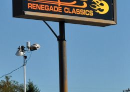 Printing triple strike for great color goes well with blockout black so more light comes through the color on this Renegade Classics pole sign in Spokane