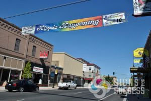 This mesh street banner on one-way street resists wind damage and looks great year after year for Hillyard events, custom signs hillyard