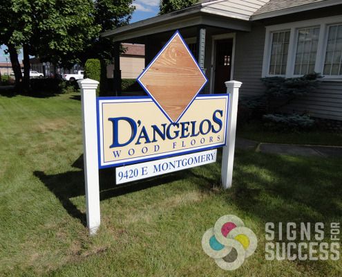 Reprinting, refurbish, remake, repaint D'Angelos Wood Floors sign in Spokane Valley is something Signs for Success can do now and fast, call for instant service