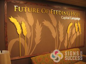 Dimensional metal laminate letters and wheat stalks on custom printed wallpaper for 2nd Harvest Spokane and Pasco, Future of Feeding Hope Campaign wall, dimensional letters and logos