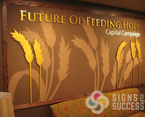 Dimensional metal laminate letters and wheat stalks on custom printed wallpaper for 2nd Harvest Spokane and Pasco, Future of Feeding Hope Campaign wall, dimensional letters and logos, dimensional letters spokane