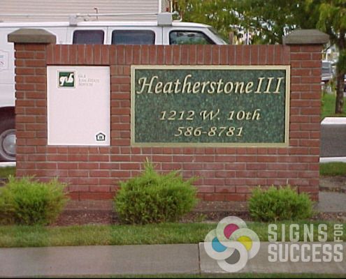 Heathersone Apartments in Kennewick, metal laminate on PVC plastic, letters mounted to countertop material has a great look, by Signs for Success in Spokane