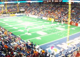 Sponsorship banners printed by Signs for Success at Spokane Arena for the Shock football, sponsor signs spokane
