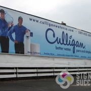 Large billboard type banner installed in Downtown Spokane for Culligan water, shows the quality that Signs for Success puts out, large banner spokane