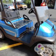 Blue golf cart wrap with black striping