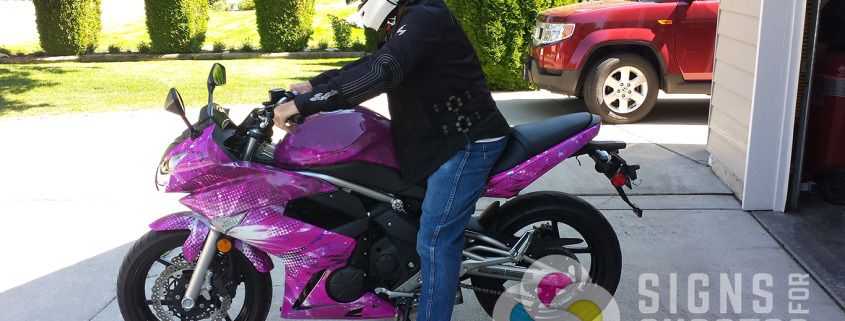 Provided kits or we can print your design and wrap your motorcycle, like this one went from bright green to hot pink, motorcycle wrap