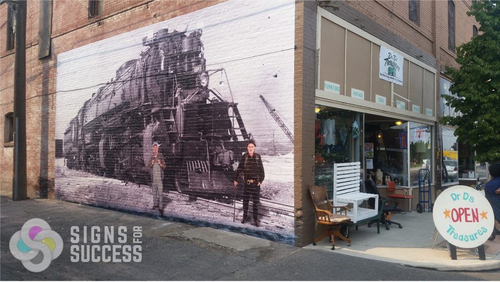 Historic Wall Mural using printed self adhesive vinyl installed on brick